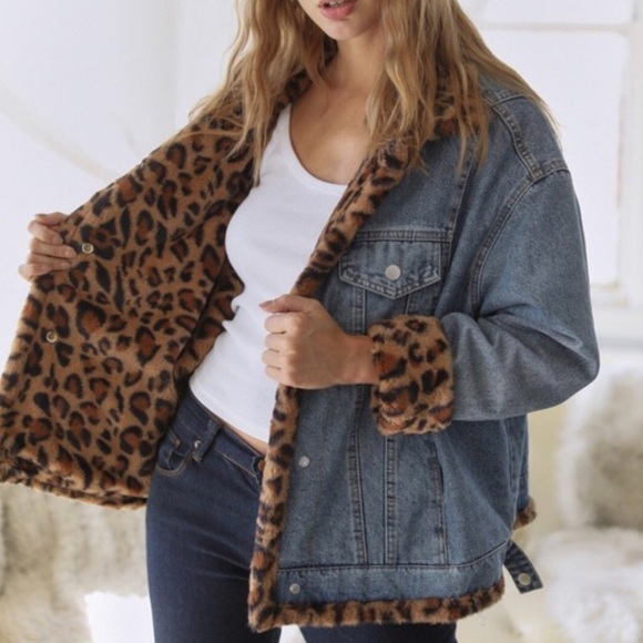 Oversize Denim Jacket Leopard Faux Fur - Picture 3 of 14